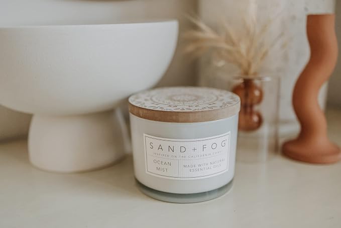 Sand + Fog Scented Candle - Ocean & Sea Salt – Additional Scents and Sizes – 100% Cotton Lead-Free Wick - Luxury Air Freshening Jar Candles - Perfect Home Decor – 12oz