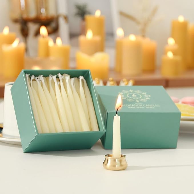 20-Minute White Pure Beeswax Candles, Dripless Meditation Candles, Mini Taper Candles Without Brass Candle Holders, Set of 50