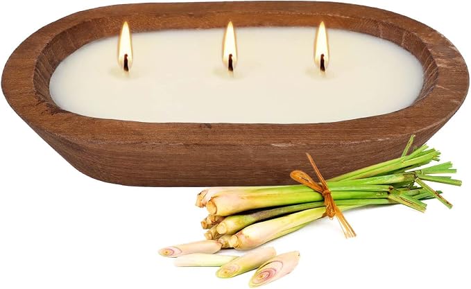 Citronella Scented 3-Wick Candle (8oz) Oval Wood Bowl Candle, Clean Burning & Smokeless, Decorative Soy Blend Candle for Home, Patio, Garden, Summer Gift.