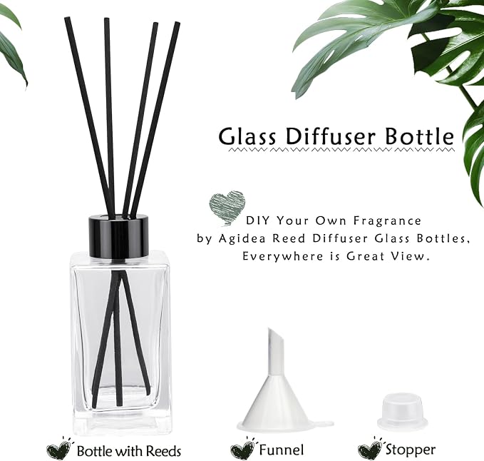 4PCS Empty Glass Fragrance Reed Diffuser Bottles, Refillable Diffuser Bottles with 20pcs Reeds Sticks & Black Caps & Funnel, Diffuser Jars for Home Oil Fragrance Decoration (100ML)