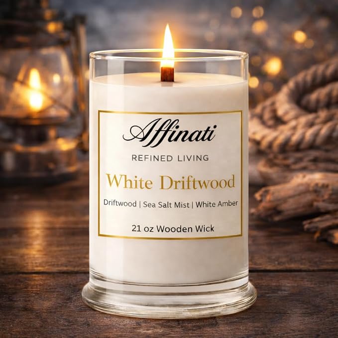 Affinati White Driftwood Large Scented Candle, 21 oz Wooden Wick Tumbler – Highly Fragrant Long Lasting Coastal Wood Fragrance, Soy Blend Candle