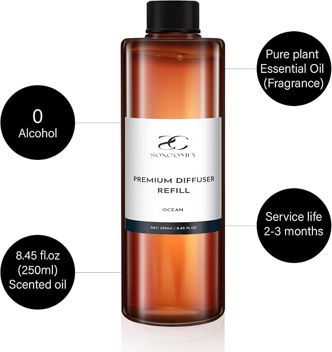 Diffuser Oil Refill, 250ml / 8.45 fl oz, Ocean - Reed & Aromatherapy Diffuser Oil, Long-Lasting Home Fragrance, Citrus, Lily & Musk Notes