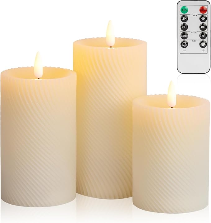 ANGELLOONG Flickering Flameless Candle with Remote, Real Wax Battery Operated Candles with Timer, Set of 3 Fake LED Electric Pillar Candles for Home Party Holiday Christmas Decor, Twill