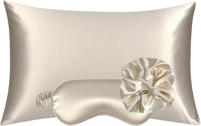 Vegan Silk Sleep Set – Satin Pillowcase, Eye Mask & Large Scrunchie for Hair and Skin – Frizz Free Beauty Sleep & Self Care Night Routine – Champagne