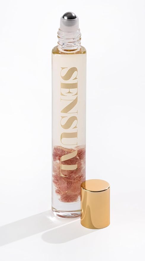 Essential Oil Rollerballs, .34 OZ, Sensual - Strawberry Quartz Crystal Infused - Scents of Star Anise, Rose, Sichuan Pepper & White Musk - Aromatherapy Roll On Oils, Massage
