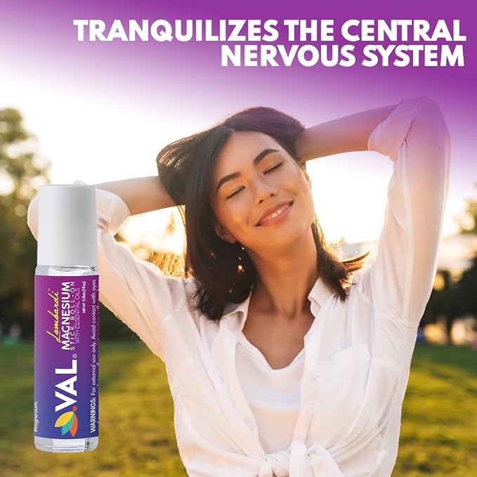 VAL Lombardi Magnesium Stick Rollon with Peppermint & Other Essential Oils - Cooling Comfort for Your Head. Metal Roller. Made in the USA. 10 ml.