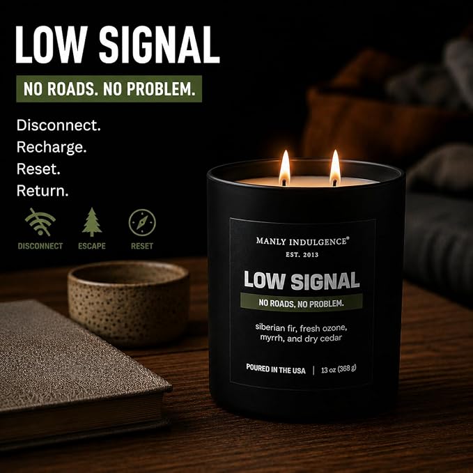 Manly Indulgence Low Signal Scented Candle, 2 Wick, 13 oz, Premium Soy Blend Wax, Candles for Home Scented - Made in The USA