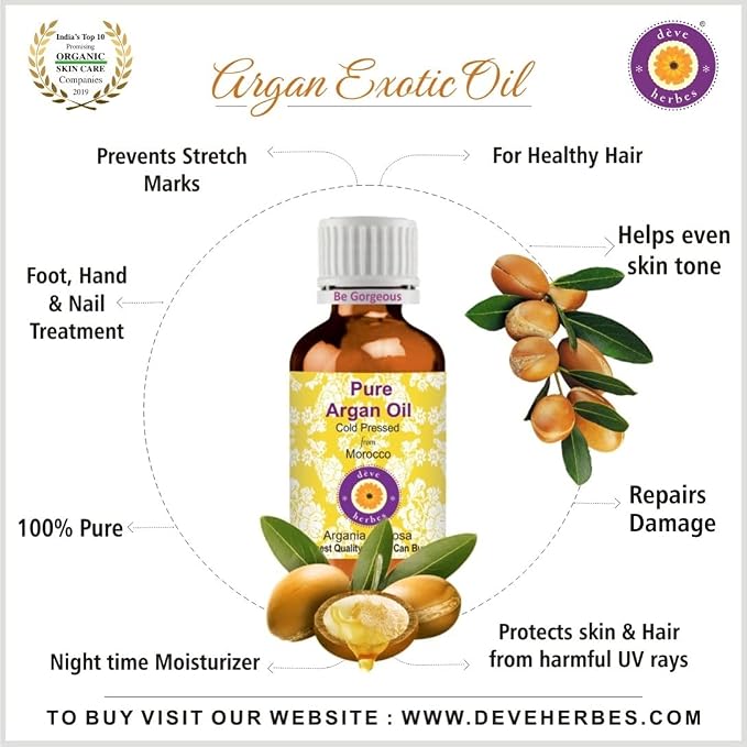 Deve Herbes Argan (Moroccan) Oil (Argania spinosa) | Cold Pressed | Pure | Natural | For Diluting Essential oils | For Hair, Skin & Massage | Non-Sticky | Lightweight | Unisex | 100ml X 2 (6.76 oz)