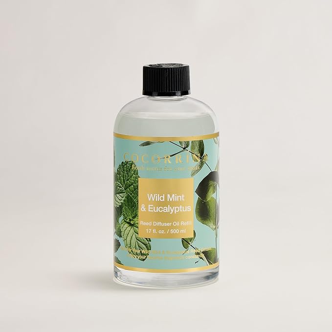 Cocorrína Reed Diffuser Refill Wild Mint & Eucalyptus 17oz (500ml) with 8 Sticks - Premium Long-Lasting Scented Oil, Home Fragrance for Bedroom, Bathroom Home Decor