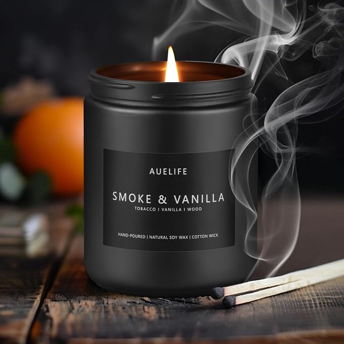 Auelife Smoke Vanilla Candle, 7 oz Soy Candle for Men | 50H Burn Time, Cotton Wick, Matte Black Jar, Home Office Decor, Gift Box Included