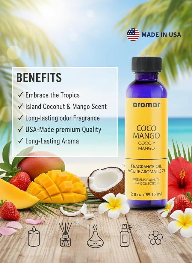 AROMAR Premium Fragrance Oil, Pack of 3 Coco Mango 2oz. Bottles. Long Lasting Aromatic Scent, Fresh and Revitalizing Aromatherapy for Living Room, Bedroom, and Kitchen