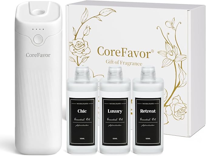 Waterless Essential Oil Diffuser (M60) with 3x120ml Oil, Rechargeable Portable Battery-Operated Cold Air Aroma Scent Machine, 4 Adjustable Intensity Levels, Quiet Diffuser for Home Car