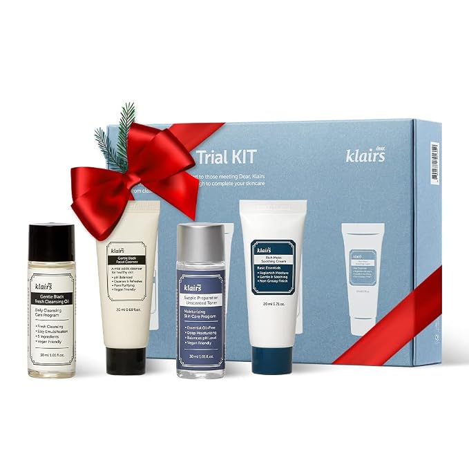 DearKlairs Skincare Travel Trial Kit – Korean Mini Set with Cleansing Oil, Foaming Cleanser, Toner & Soothing Cream, Facial Gift Set for All Skin Types, Vegan, Cruelty-Free
