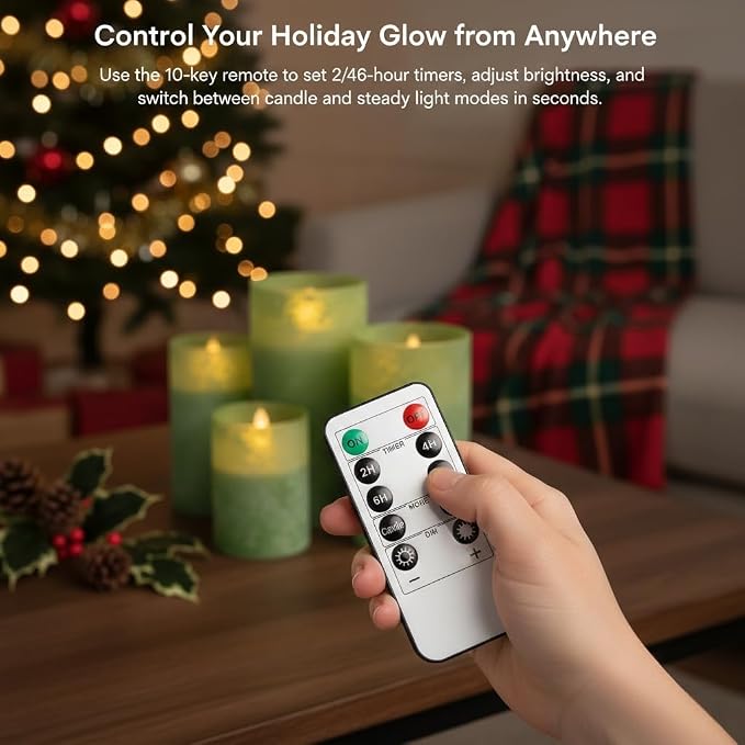 ANGELLOONG Green Flameless Candles with Remote, Glass Battery Operated LED Pillar Candles Flickering for St. Patrick's Day Christmas Home Decor, Set of 3