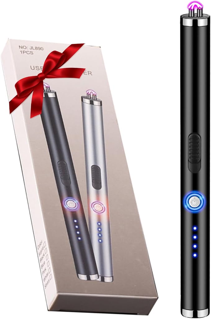 Candle Lighter Rechargeable Plasma Flameless USB Lighter with Safety Lock Dual Arc LED Display for BBQs Grill Kitchen Camping (Black)