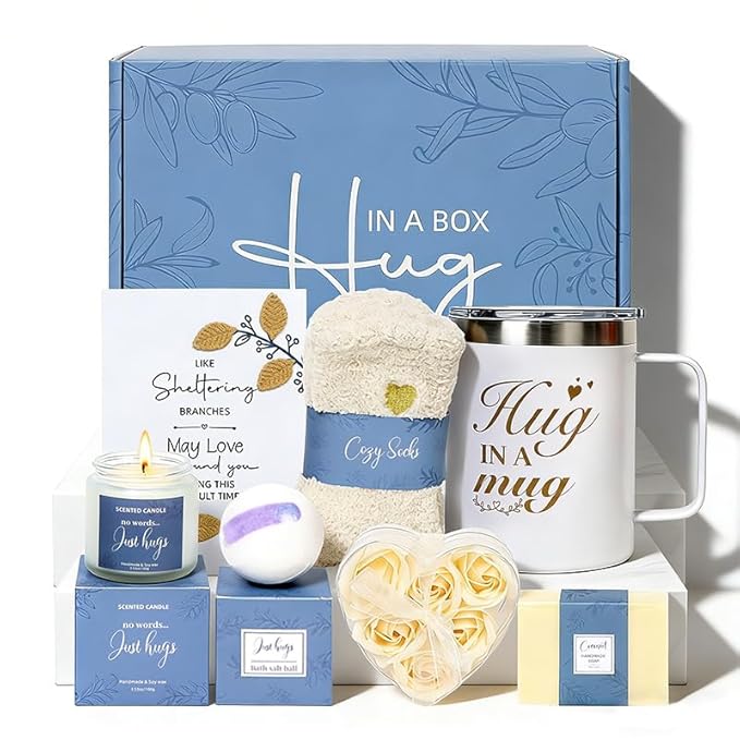 7 Piece Luxury Bath & Body Gift Set for Women,mothers day gifts: Hug in a Box Relaxing Home Spa Kit, with Insulated Mug, Scented Candle & Bath Bomb, Self Care Gift for Birthday