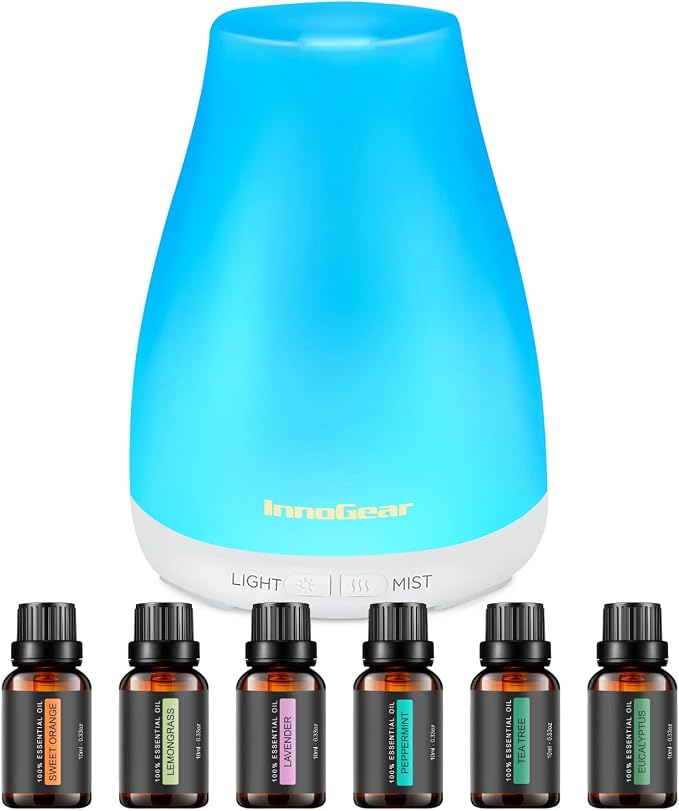 InnoGear Essential Oil Diffuser with Oils, 100ml Aromatherapy Diffuser with 6 Essential Oils Set, Aroma Cool Mist Humidifier Gift Set, White