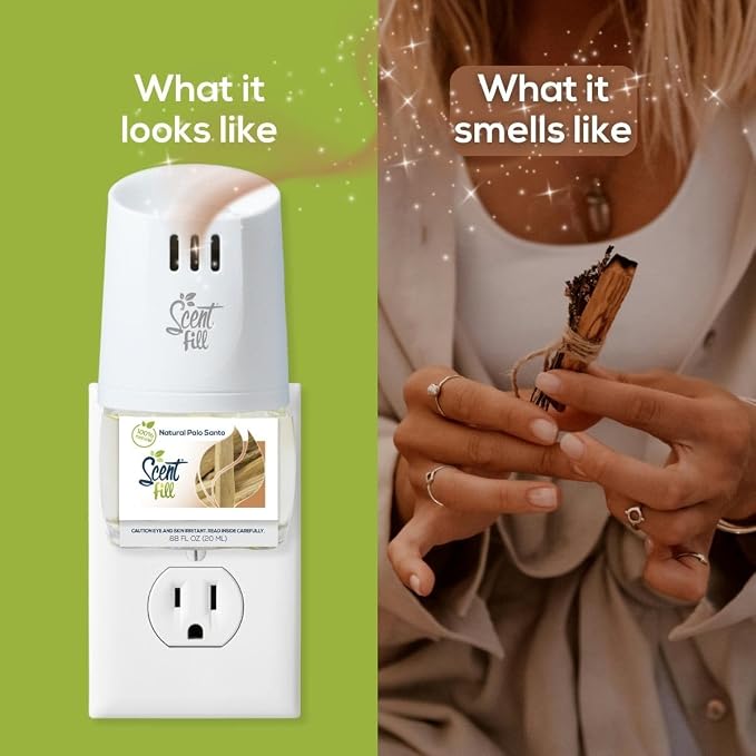 Scent Fill 100% Natural Palo Santo Plug in Air Freshener, Scented Oil Refills, 2 Refills + Diffuser