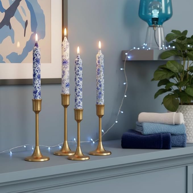 Flowers Printed Candle Taper Candles 9 inch - 4 Pack Blue and White Porcelain Candle Dripless, Smokeless, Unscented Tall Candlesticks - Perfect for Home Decor, Weddings, and Special Occasions