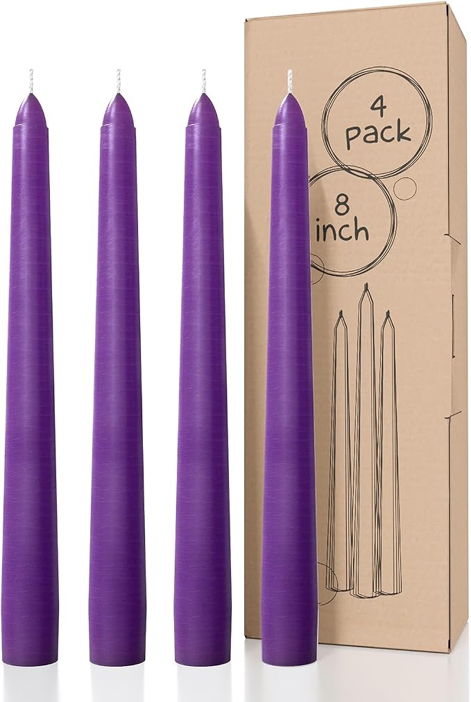 CANDWAX Purple 8 inch Taper Candles Pack of 4 - Unscented Smokeless Dripless Long Burning Tapered Candlesticks - Perfect as Christmas Candle Sticks for Home Decor - Purple Taper Candles
