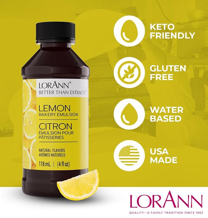 Lorann Oils Lemon Bakery Emulsion: Tangy Lemon Essence, Perfect for Amplifying Citrus Tones in Cakes, Cookies & Desserts, Gluten-Free, Keto-Friendly, Lemon Extract Alternative Essential for Your Kitchen