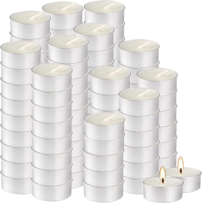 100 Pack Unscented Tealight Candles, 4 Hour Burn Time, Smokeless & Dripless White Tea Lights in Aluminum Cups, Standard Size Votive Candles for Wedding, Christmas, Halloween, Party, Décor & Emerge