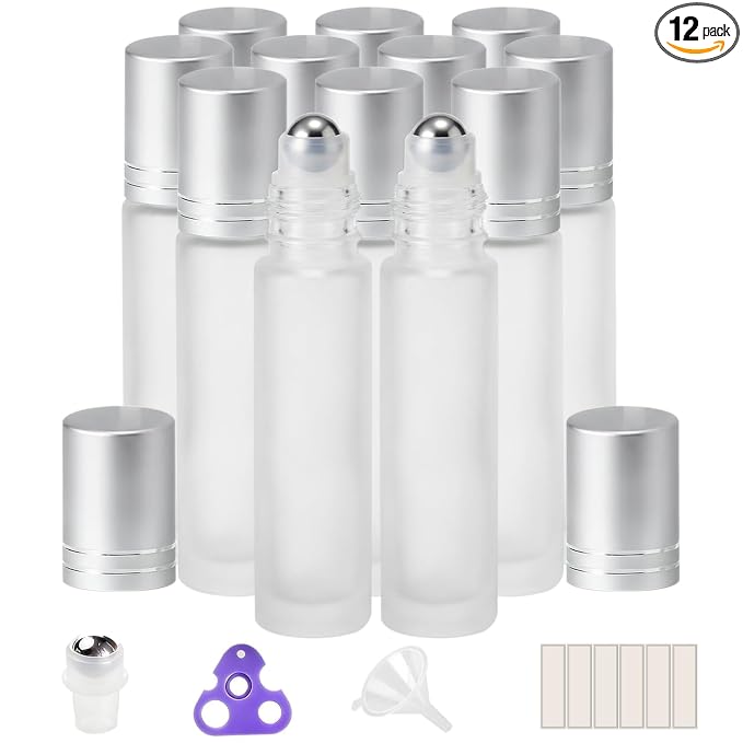PrettyCare 12 Pack, 10 ml Essential Oil Roller Bottles with Stainless Steel Roller Ball - Refillable Leak-proof Empty Thick Frosted Glass Roll on Bottles with Silver Caps for Travel, Perfume