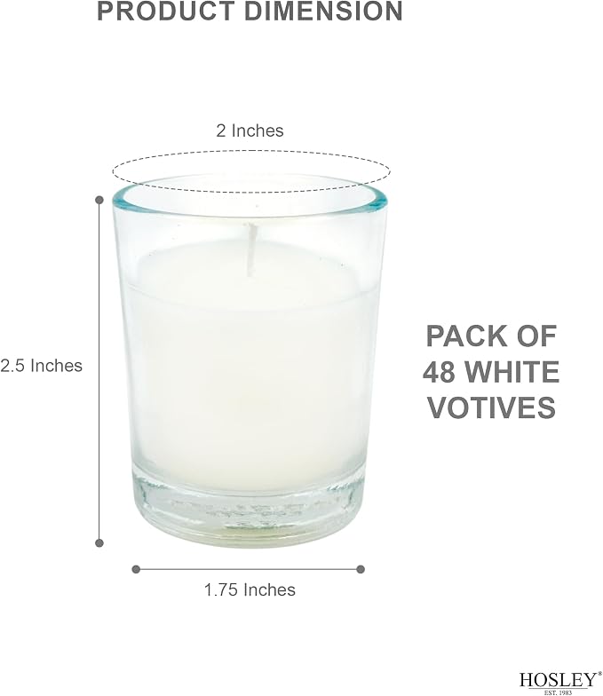 Hosley 48 Pack White Unscented Votive Candles, Clear Glass, Hand-Poured Wax, Bulk Wedding & Party Candles for Gifts, Tables, Aromatherapy & Holidays Party Weddings Birthdays (White)