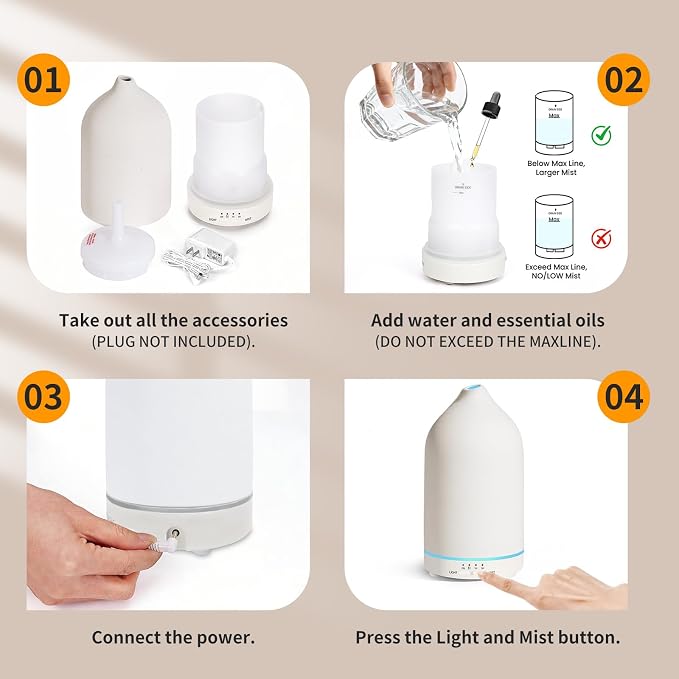 URPOWER 180ML Ceramic Essential Oil Diffuser - Ultrasonic Aromatherapy Diffuser with 7-Color LED Lights, Auto Shut-Off & 2 Mist Modes, Quiet Scent Diffusers for Home, Office, Yoga
