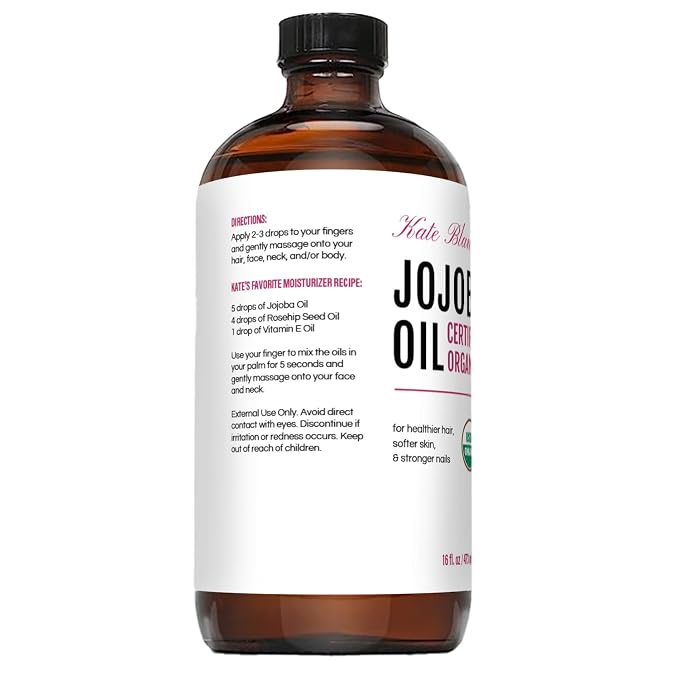 Kate Blanc Cosmetics Jojoba Oil for Hair, Face & Skin. Gua Sha Oil for Face Massage & Dermaplaning (16oz, Organic, 100% Pure, Natural)