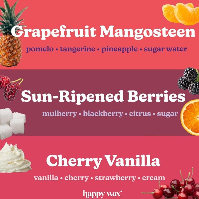Happy Wax Fruity Favorites Mix Premium Scented Natural, Non Toxic Soy Wax Melts – 6 Total Oz. of Scented Wax Melts Includes: Cherry Vanilla, Grapefruit Mangosteen and Sun-Ripened Berries