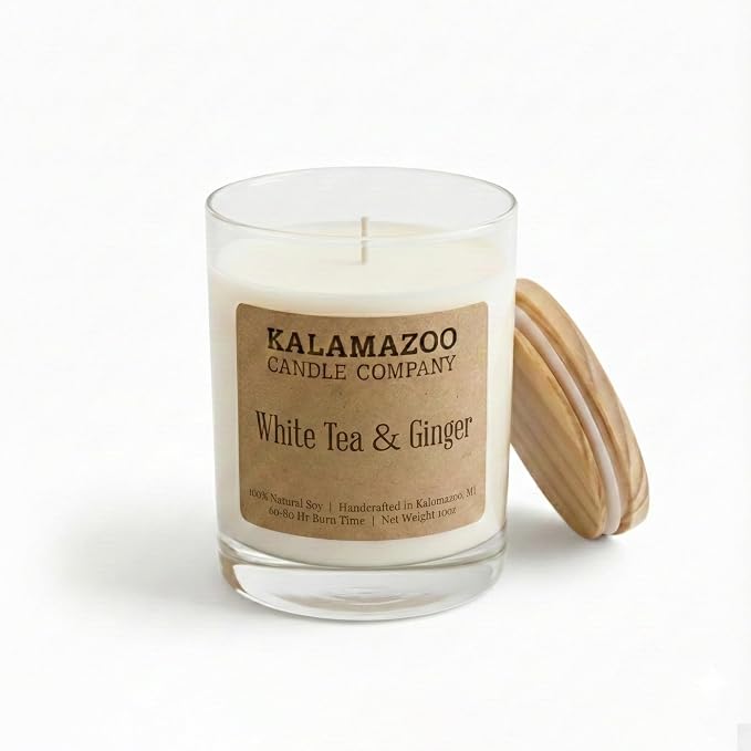 Kalamazoo Candle Company Hand-Poured Soy Wax Candle – 10oz Classic Jar, 60-80 Hour Burn Time – Made in USA, Highly Scented, Phthalate-Free (White Tea & Ginger)