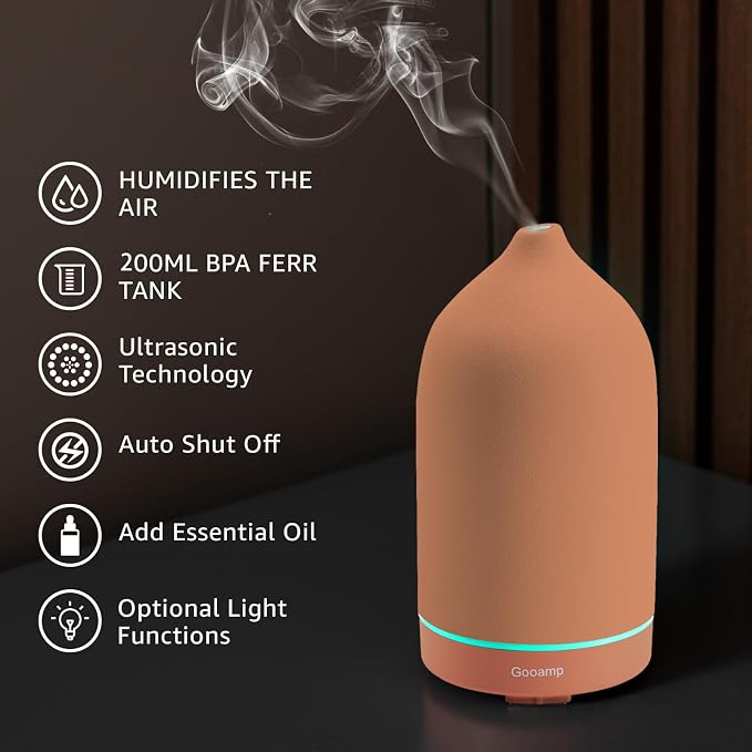 Gooamp 200ML Ceramic Essential Oil Diffuser - Ultrasonic Aromatherapy & Humidifier with 7-Color LED Lights, Auto Shut-Off, Brown, 1H/3H/6H Timer | Scent for Home,Office,Yoga