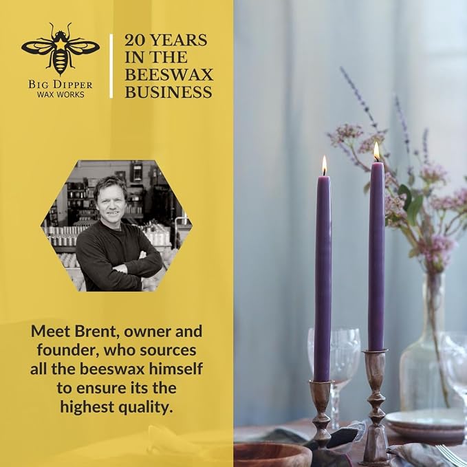 Big Dipper Wax Works Eggplant Purple Hand-Dipped Beeswax Taper Candles – 12” x 7/8”, 2-Pack, 100% Pure Beeswax, Long Burning, Clean, Cotton Wick, Handmade in USA, Home Décor & Wedding Candles