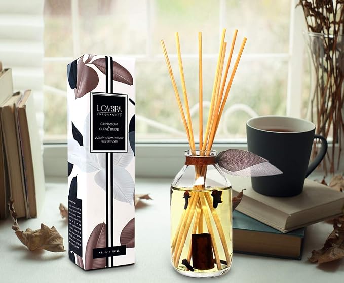 Cinnamon & Clove Buds Reed Diffuser Set, Room Fragrance, Shelf Decor | Cinnamon, clove buds, and tonka bean profile, home scent, decorative glass bottle, entryway, guest bathroom,