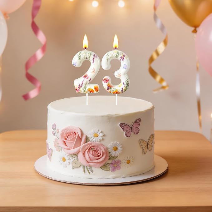 Number 3 Birthday Candle for Cake – Floral Botanical Design with Butterfly Detail – Elegant Cake Topper for Birthday, Garden Party Decoration