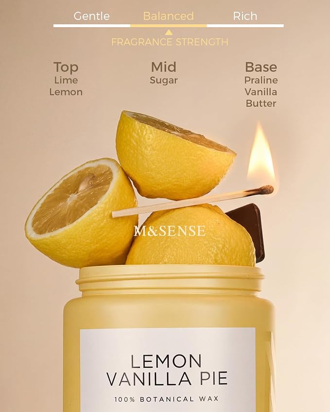 M&SENSE Lemon Vanilla Home Scented Candles, 19.4oz Organic Soy Wax, 110-Hour Clean Burning, Natural Candles Non Toxic, Citrus Scent for Relaxation, Aromatherapy Housewarming Gift for Men Women