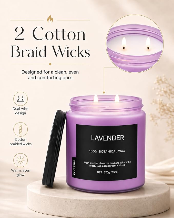 Lavender Scented Candle for Bedroom, 13oz Soy Wax Candle, 2-Wick Frosted Glass Jar, 70–80 Hour Burn Time, Calming Home Fragrance for Relaxation, Self Care Gifts for Women