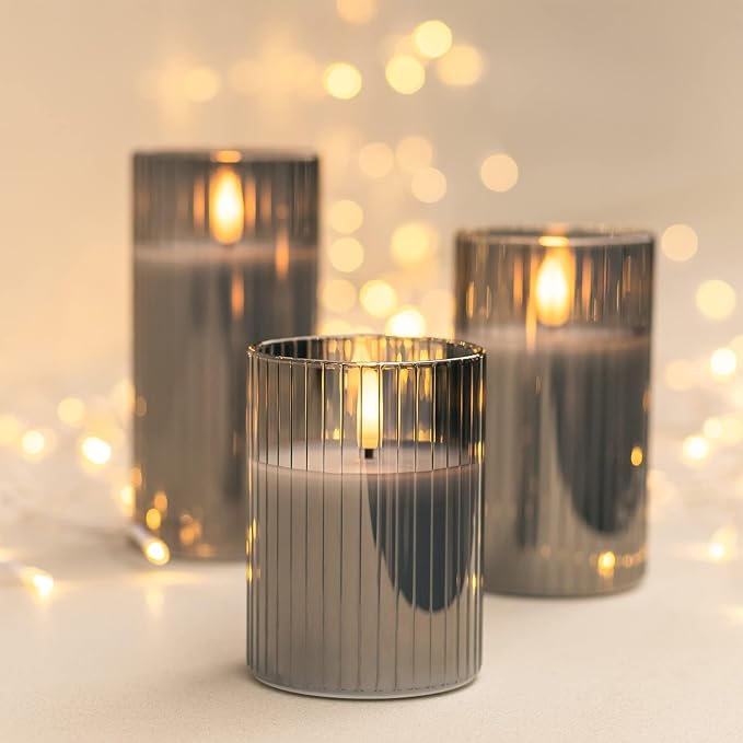 ANGELLOONG Gray Flameless Candles with Remote, Battery Operated LED Pillar Candle Set with Timer, Ribbed Glass Real Wax Flickering Candles for Home Decor, Set of 3