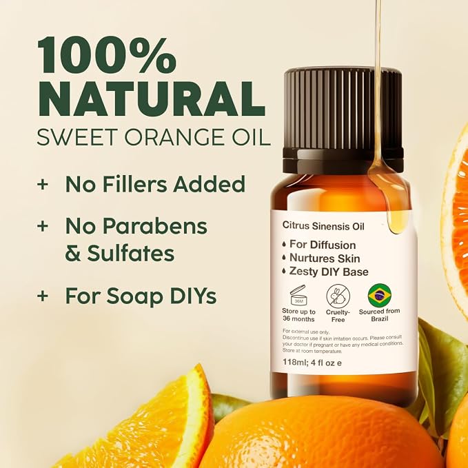 100% Pure Sweet Orange Oil - 0.34 Fl Oz Sweet Orange Essential Oil for Hair, Skin, Diffuser, Aromatherapy & DIY Soap Making Scent