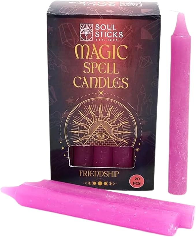 SOUL STICKS Friendship Magic Spell Chime Taper Candles 20 Pack - Ideal for Altar, Rituals, Ceremonies, Meditation Pink Taper Candle for Witchcraft Supplies, Wiccan Supplies, Candles Clearance