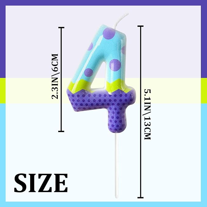 Number 4 Birthday Candle for Cake – Colorful Polka Dot & Patchwork Design – Fun Cake Topper Decoration for Birthday Celebration