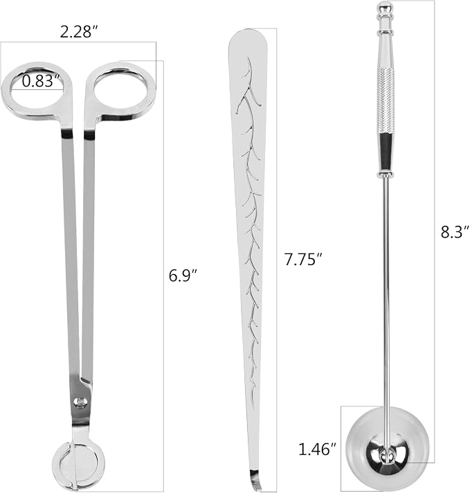 3 in 1 Candle Accessory Set Included Stainless Steel Candle Wick Trimmer,Candle Snuffer,Candle Wick Dipper, Candle Cutter Tool Kit, Silver - 3 Pcs Set