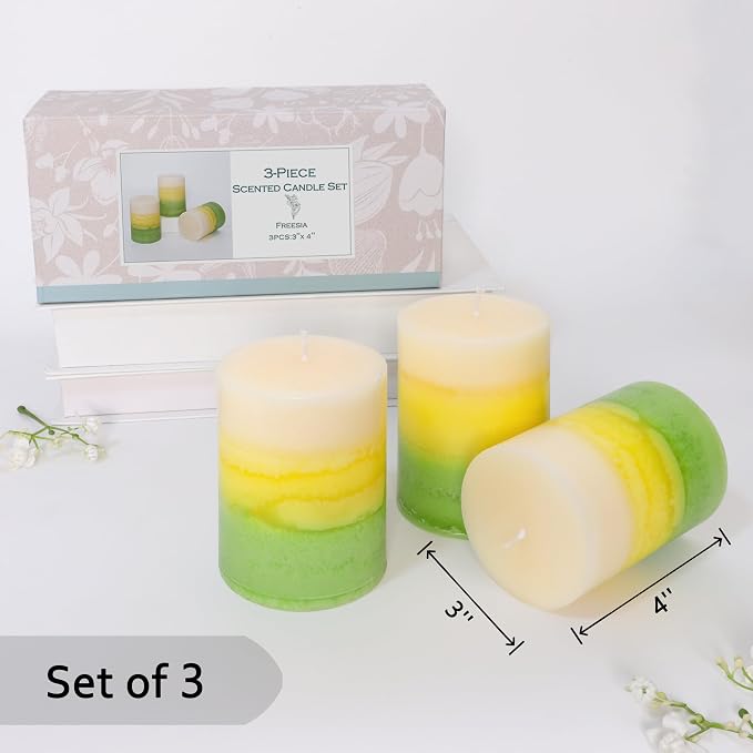 Pillar Candles, Freesia Scented Candles 35+Hour Long Lasting Burn Time, 3 X 4 Inches Dripless & Smokeless Aromatherapy Candles for Wedding Party Home Décor, Set of 3