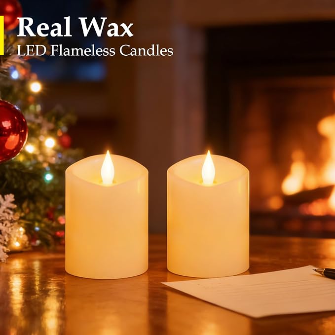 3"x4" Flickering Flameless Battery Candles with Timer, Ivory Realistic LED Pillar Candles, Set of 2 Large Remote-Operated Candles for Home Indoor/Outdoor & Holiday Decor