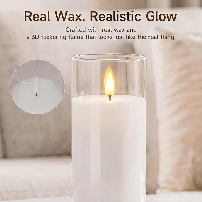 Homemory Clear Glass Flameless Candles Battery Operated LED Pillar Candles with Remote and Timer, Real Wax Flickering Candles with 3D Wick, Decorative Glass Candles Home Wedding Holiday Decor, 2 Pack