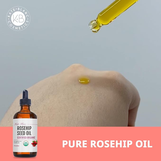Kate Blanc Cosmetics Rosehip Seed Oil for Face, 100% Pure Organic | Cold Pressed Unrefined Rose Hip Facial Oil for Skin, Hair & Gua Sha Massage (1oz)