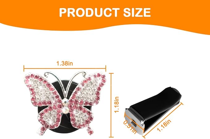 Bittwee 2PCS Bling Butterfly Car Freshener Air Vent Clips, Sparkling Crystal Rhinestone Auto Diffuser Clamps, Full Diamond Vehicle Interior Decoration Charm for Women Girls, Universal Fit（Pink）