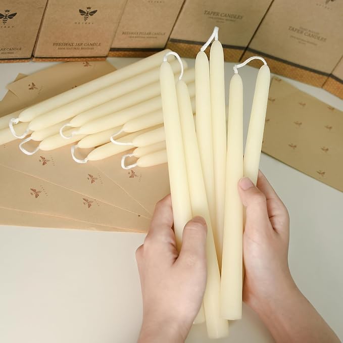 DEYBBY 10 inch Natural White Beeswax Taper Candles Set of 12, Smokeless Dripless Pure Organic Beeswax Candles Bulk for Anniversary Wedding Dinner Home Decor Emergency Housewarming Gift, 8-9Hrs Burn