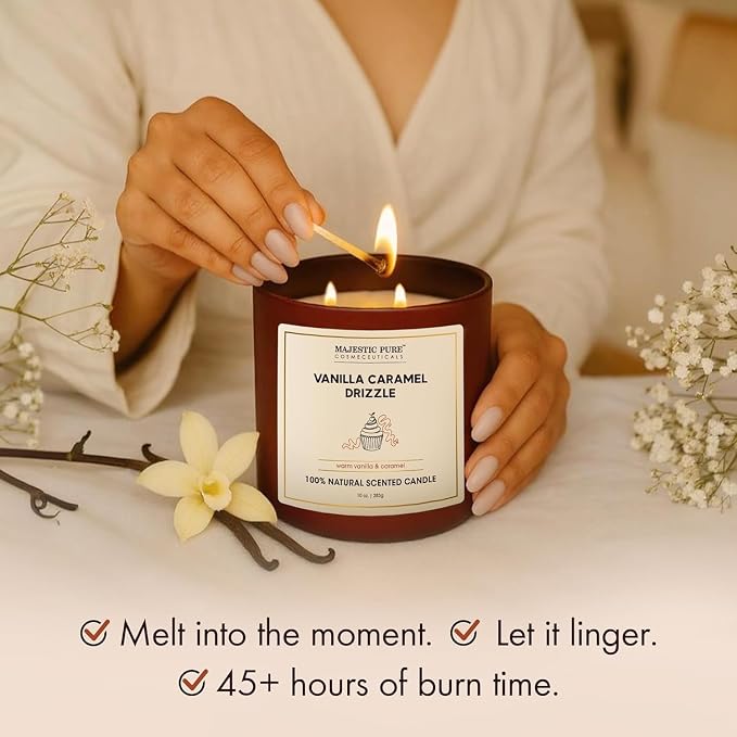 Majestic Pure Vanilla Caramel Scented Candle with Upto 45+ Hrs Burn Time, 2-Wick Candle, Soy Wax Blend for Cleaner Consistent Burn, 10 oz Jar Candle with Room Filling Fragrance, Drizzle